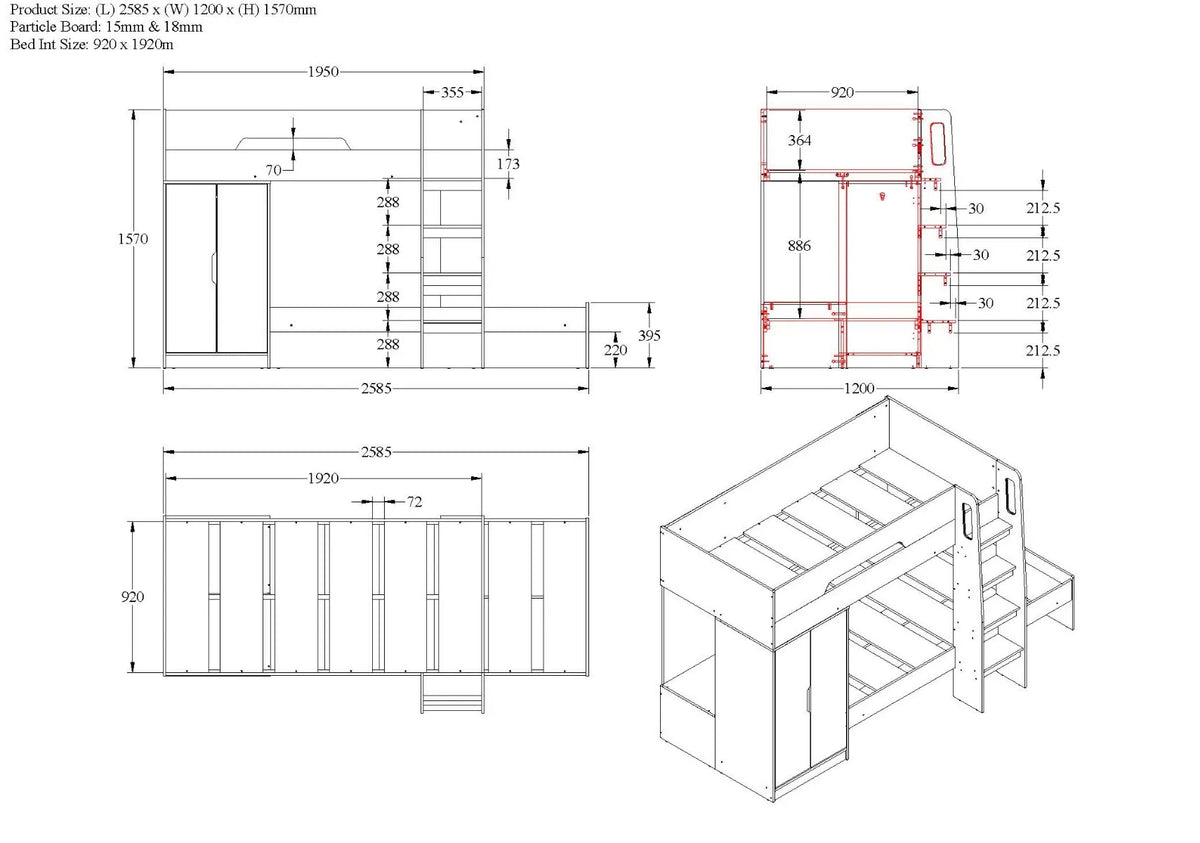 Bellezza Bunk Bed with Wardrobe Storage